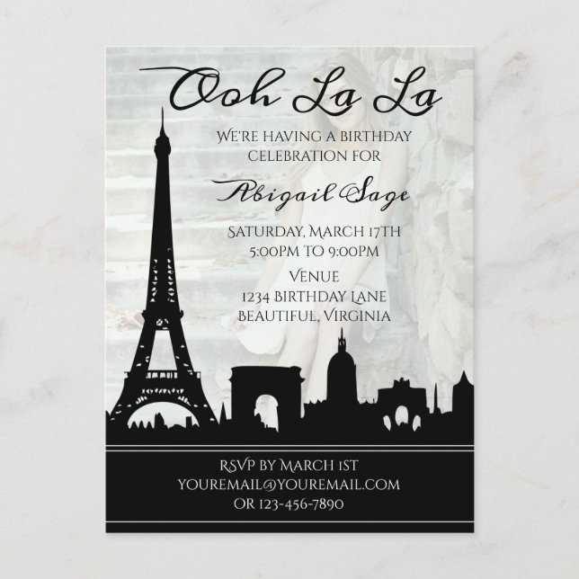 Ooh La La Paris Skyline Photo Birthday Party Postcard (Front)