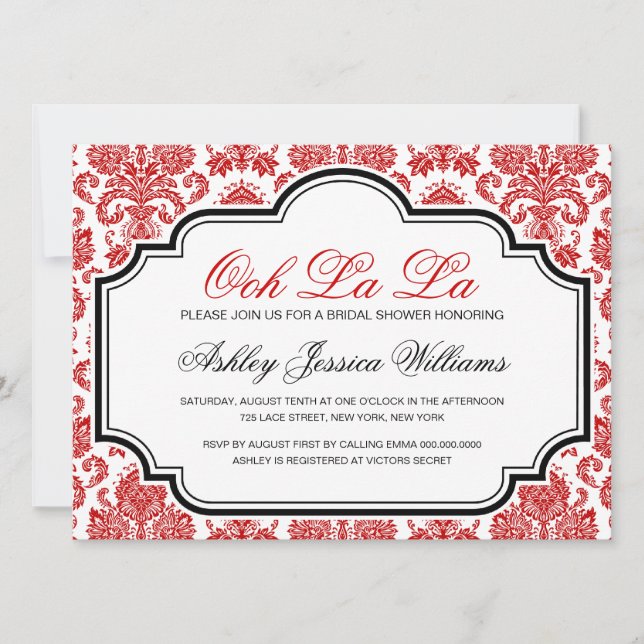 Ooh La La Red Damask Bridal Shower Invitations (Front)