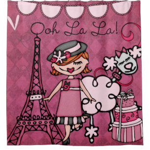 Ooh La La Red Haired Diva Eiffel Tower Poodle Shower Curtain