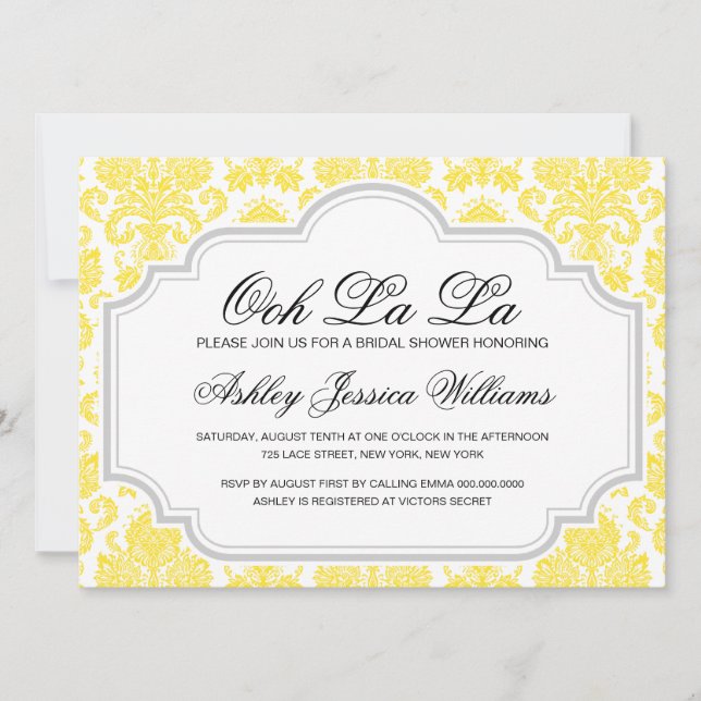 Ooh La La Yellow Damask Bridal Shower Invitations (Front)