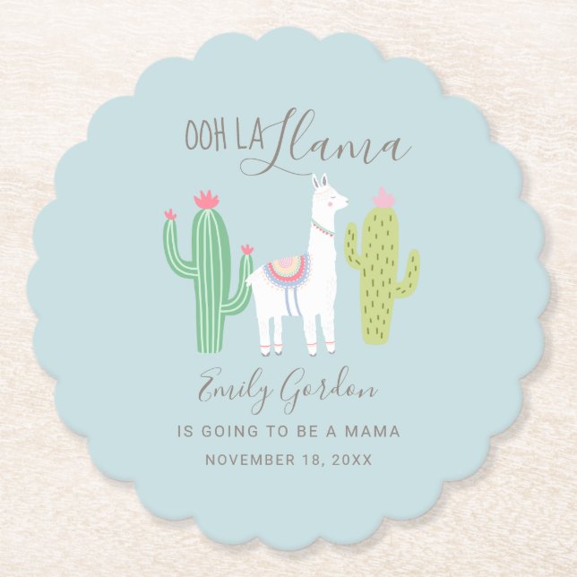 Ooh La Llama Baby Shower Blue Cute Boy Paper Coaster (Front)