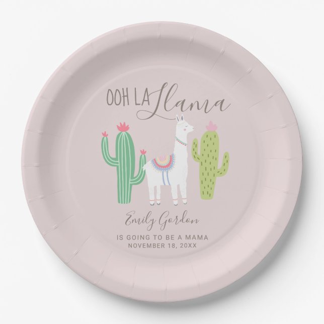 Ooh la llama Baby shower cute baby girl pink brown Paper Plate (Front)