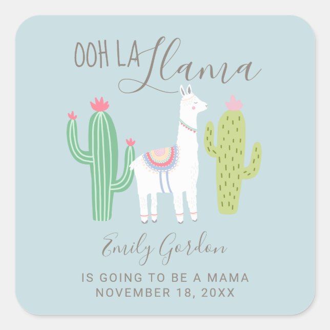 Ooh La Llama Baby Shower Cute Blue Brown Simple Square Sticker (Front)