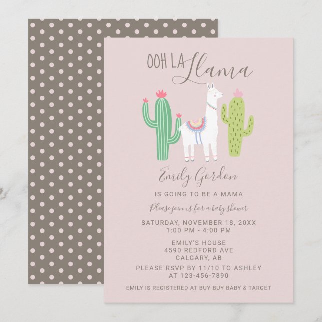 Ooh La Llama Baby Shower cute pink & brown simple Invitation (Front/Back)