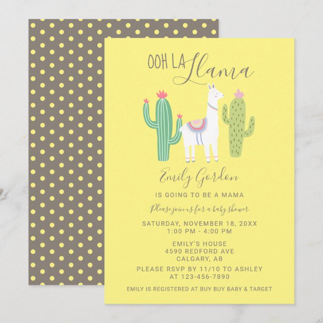 Ooh La Llama Baby Shower cute yellow brown simple Invitation (Front/Back)