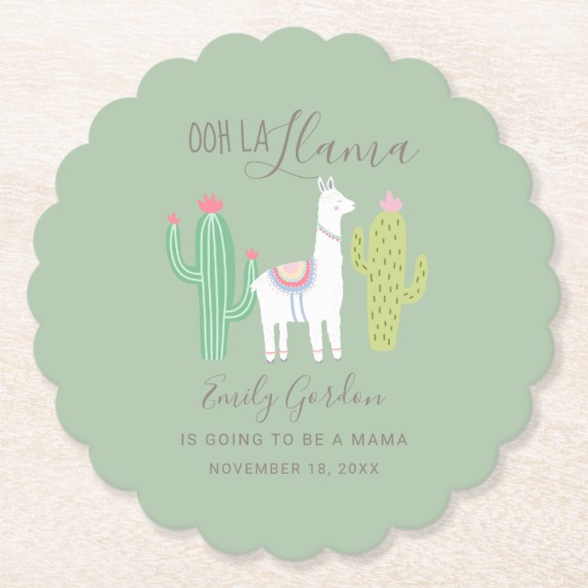 Ooh La Llama Baby Shower green cute boy Paper Coaster (Front)