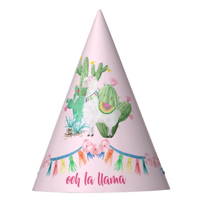 Ooh La Llama - Llama & Cactus Watercolor Pink Party Hat (Front)