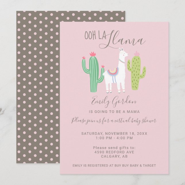 Ooh La Llama Virtual Baby Shower cute pink brown Invitation (Front/Back)