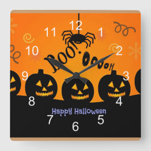 Oooh! Happy Halloween in Orange and Black Square Wall Clock