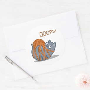 OOOPS! Funny Cute Cat Plays With Yarn Ball Classic Round Sticker