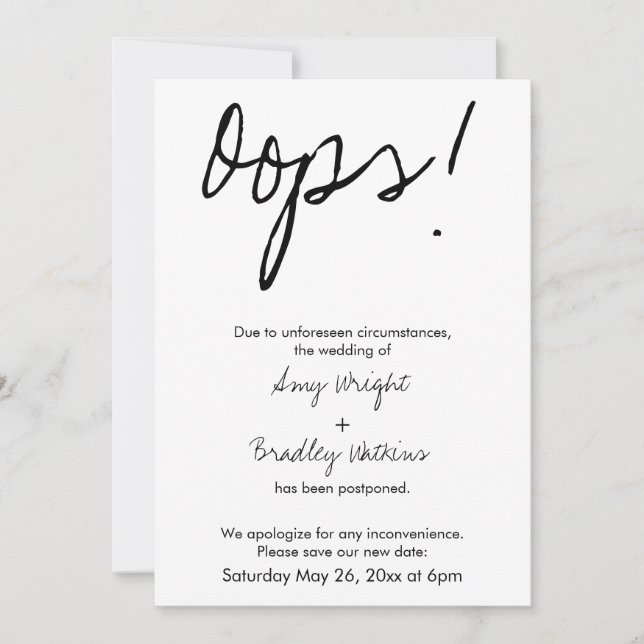 "Oops!" Humourous Postponed Wedding Announcement (Front)