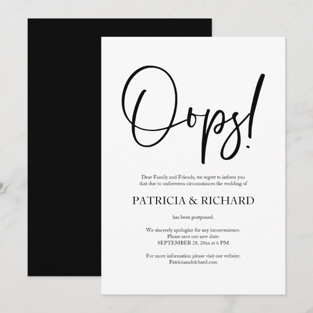 Oops Simple Chic Wedding Postponed Announcement (Front/Back)