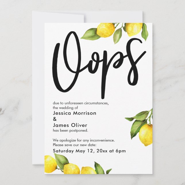 Oops Watercolor Lemons Postponed Wedding Card (Front)