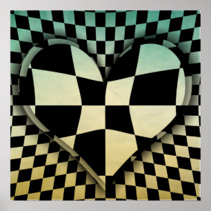 Op art chequered hearts poster