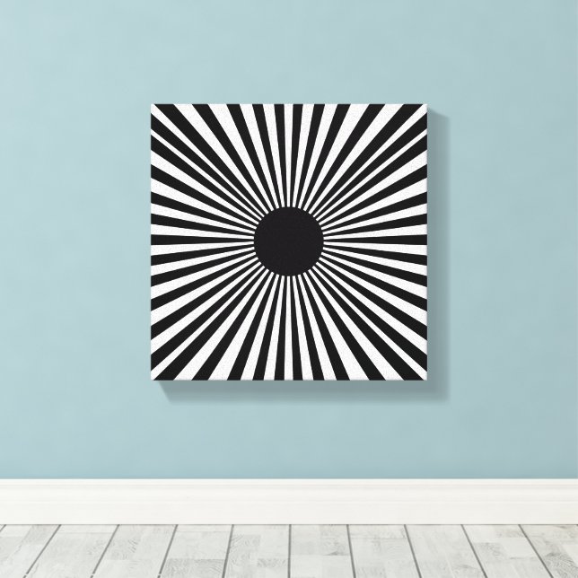 Op Art Sunburst – Black & White Abstract Poster Canvas Print (Insitu(Wood Floor))