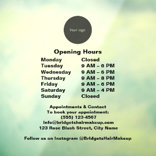 opacity Black Modern business Opening Hours Window Cling