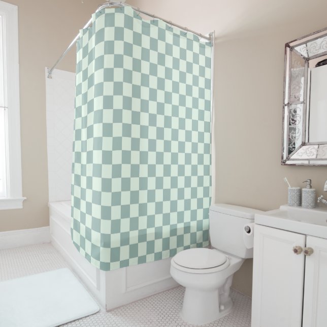 Opal and Honeydew Chequerboard Shower Curtain (In Situ)