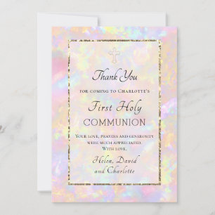 opal background First Communion thank you card 