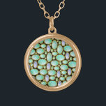 Opal Brooch Gem Gemstone Turquoise Pattern Gold Plated Necklace<br><div class="desc">This necklace has a pretty opal brooch pendant pattern with gold chains. This unique printed design is made to look like opals arranged in a sort of mosaic on a black, customisable background. The oval shapes have an opaque mother-of-pearl feel with swirls of blue, green and white. It's a beautiful,...</div>