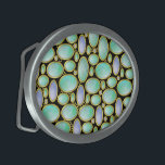 Opal Brooch Gem Gemstone Turquoise Pattern Oval Belt Buckle<br><div class="desc">This belt buckle has a pretty opal brooch pendant pattern with gold chains. This unique printed design is made to look like opals arranged in a sort of mosaic on a black, customisable background. The oval shapes have an opaque mother-of-pearl feel with swirls of blue, green and white. It's a...</div>