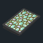 Opal Brooch Gem Gemstone Turquoise Pattern Tri-fold Wallet<br><div class="desc">This wallet has a pretty opal brooch pendant pattern with gold chains. This unique printed design is made to look like opals arranged in a sort of mosaic on a black, customisable background. The oval shapes have an opaque mother-of-pearl feel with swirls of blue, green and white. It's a beautiful,...</div>