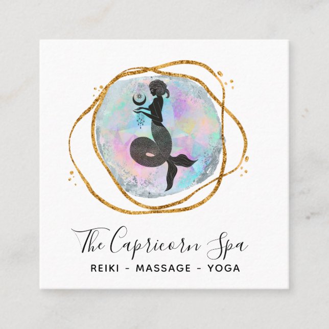 *~* Opal Capricorn Goddess Mermaid Gold Geometric  Square Business Card (Front)
