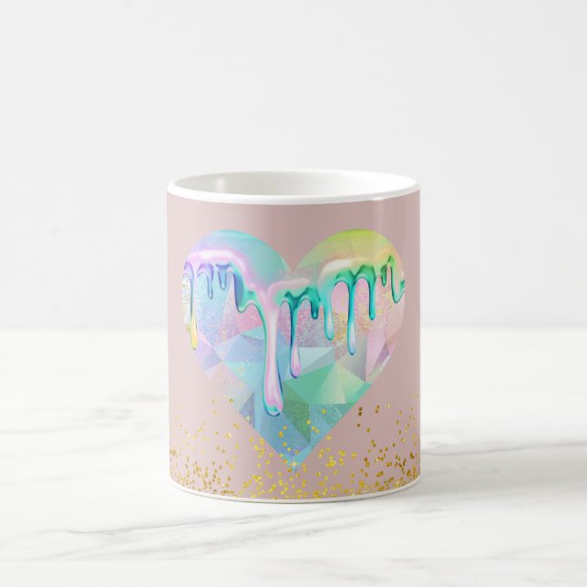 Opal Gemstone Heart with Holographic Drips on Pink Coffee Mug (Center)