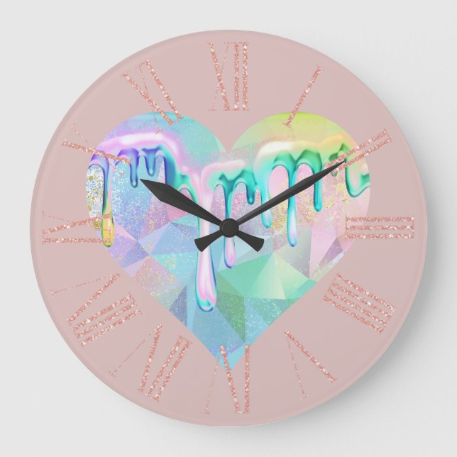 Opal Gemstone Heart with Holographic Drips on Pink Large Clock (Front)
