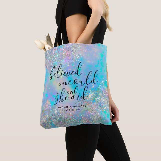 Opal Glitter She Believed She Could Graduation Tote Bag (Close Up)