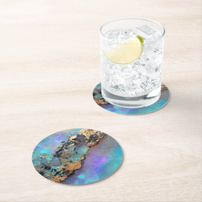 Opal Gold Gem Pattern Round Paper Coaster (Insitu)