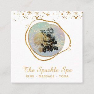 *~* Opal Gold Glitter Frame Floral Rose Square Business Card