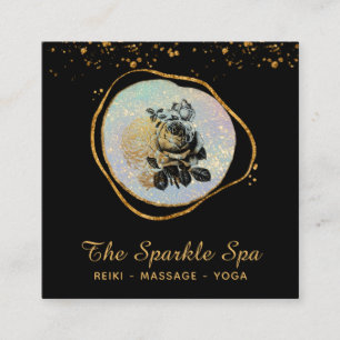 *~* Opal Gold Glitter Frame Rose Floral Square Business Card