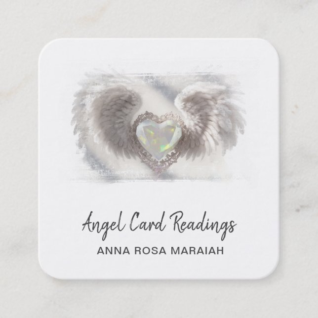 *~* Opal Heart QR Angel Wings AP78 White Delicate Square Business Card (Front)