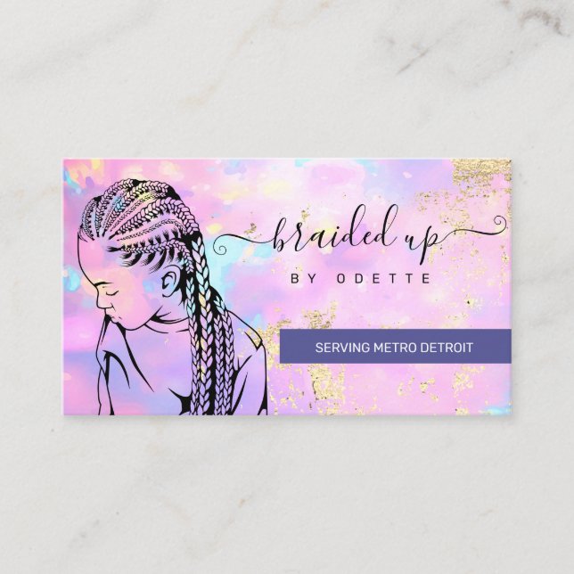 Opal Holographic Hair Braider Stylist Braid Salon Business Card (Front)