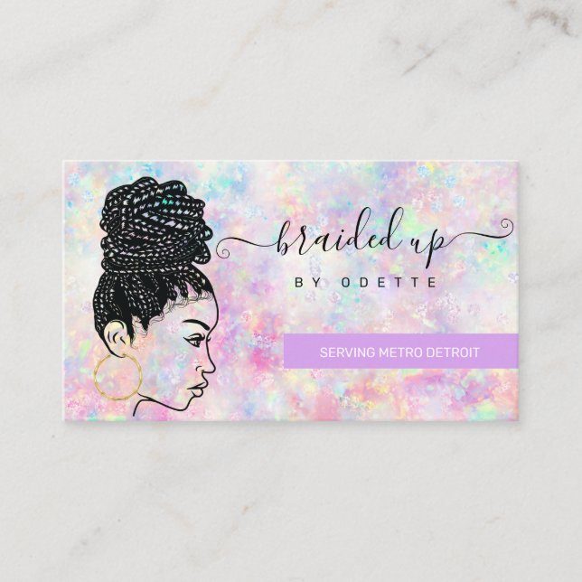 Opal Holographic Hair Braiding Braider Stylist Bus Business Card (Front)