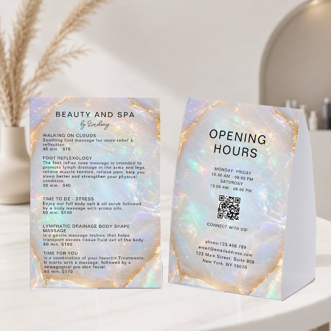 Opal Holographic Marble Salon Pricelist QR Code (Opal Holographic Marble Salon Pricelist QR Code Paper Table Tent)