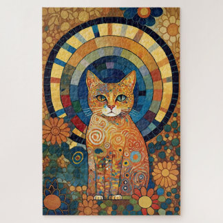 Opalescent Cat in Mosaic-Like Romanesque Design Jigsaw Puzzle