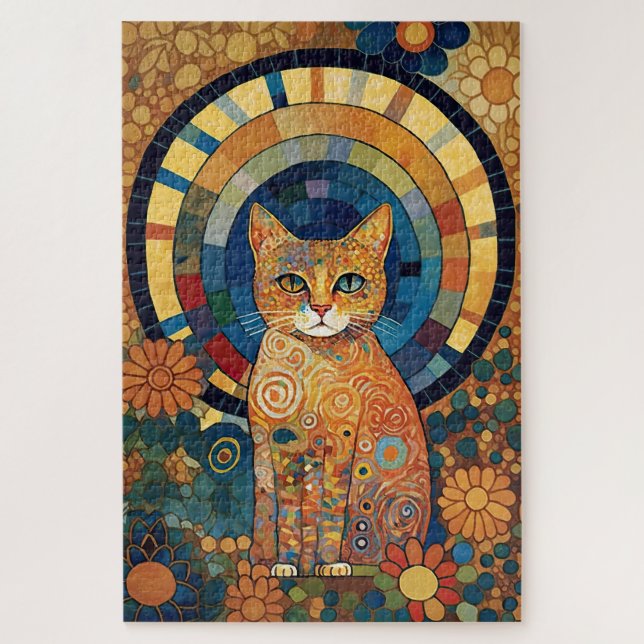 Opalescent Cat in Mosaic-Like Romanesque Design Jigsaw Puzzle (Vertical)