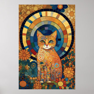 Opalescent Cat in Mosaic-Like Romanesque Design Poster
