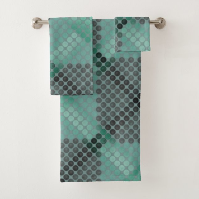 Opaque and green circle or balls, forming squares  bath towel set (Insitu)