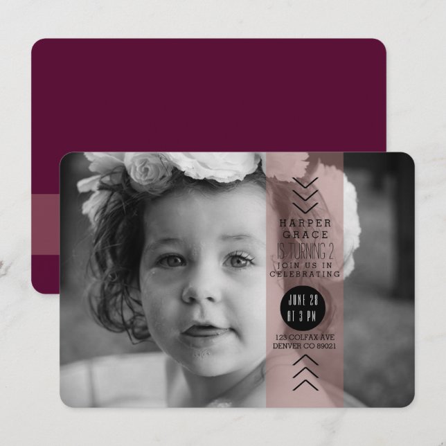 Opaque Plum Ribbon Birthday Party Photo Invitation (Front/Back)