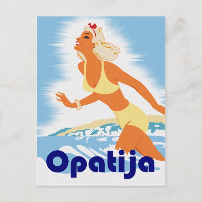 Opatia, girl on the beach, vintage travel postcard (Front)