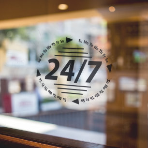 Open 24/7 l Black Opening Hours  Window Cling