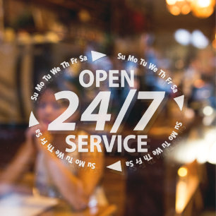 Open 24/7 Services Hours Time White Transparent  Window Cling