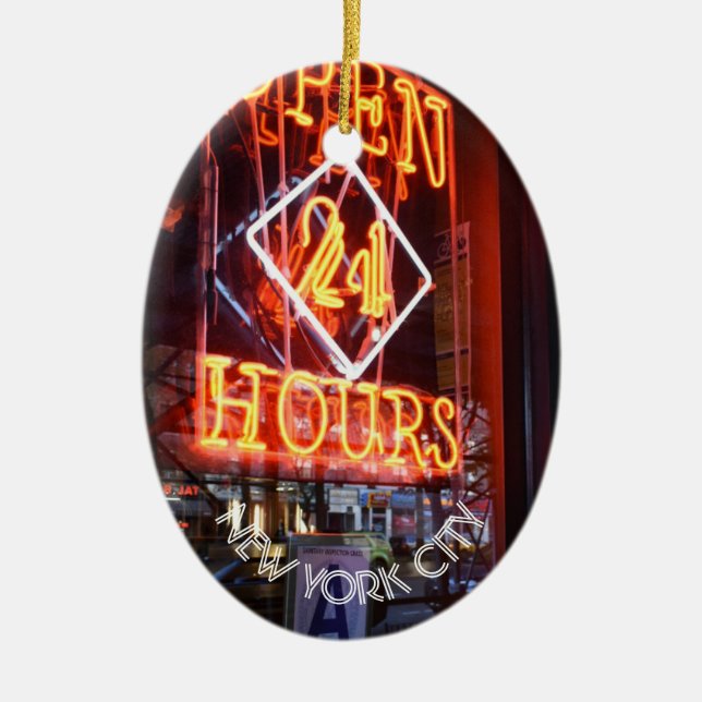 Open 24 Hours Neon Diner Sign NYC Photography Ceramic Tree Decoration (Front)
