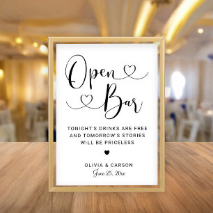 Open Bar Black Heart Script Wedding Sign Invitation