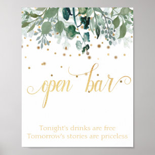 Open Bar Botanical Greenery Gold Wedding Poster
