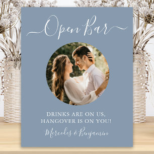 Open Bar Custom Photo Dusty Blue Wedding Drinks Poster