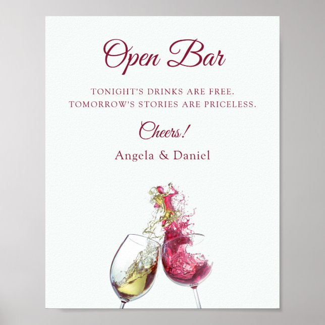 Open Bar Elegant Red and White Wine Dance Wedding Poster (Front)