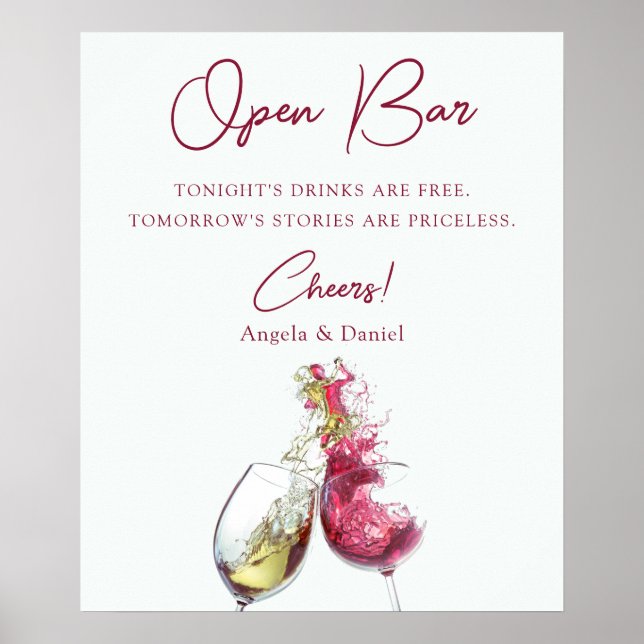 Open Bar Elegant Red and White Wine Dance Wedding Poster (Front)